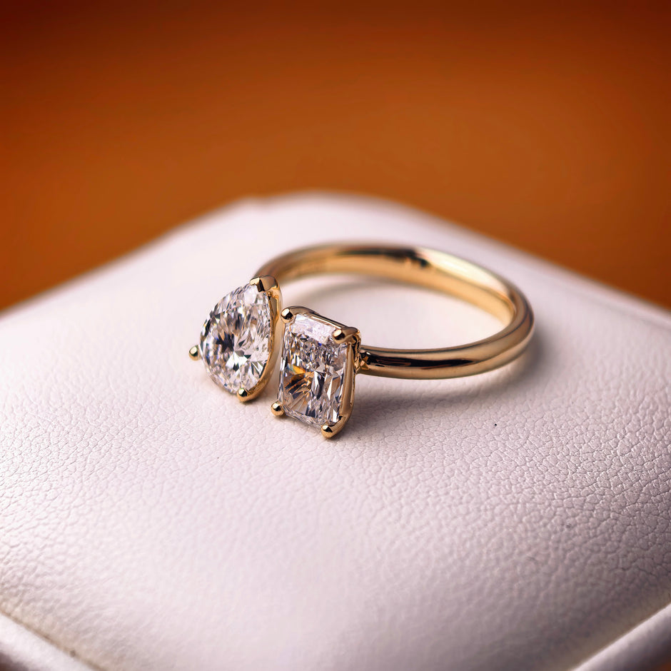 tw002 14K Yellow Gold 1.05 Carat Radiant + 1 Carat Pear Shape Lab-Grown Diamond E VVS2 Solitaire Ring