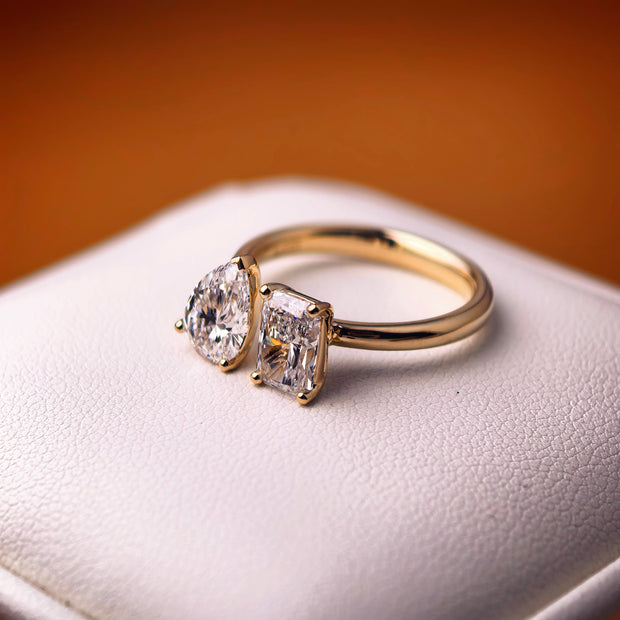 tw002 14K Yellow Gold 1.05 Carat Radiant + 1 Carat Pear Shape Lab-Grown Diamond E VVS2 Solitaire Ring