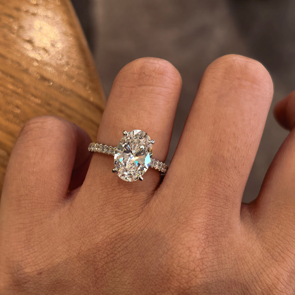 14k White Gold 3.02 Carat Oval Cut Lab-Grown Diamond E VVS2 Three-Stone Ring