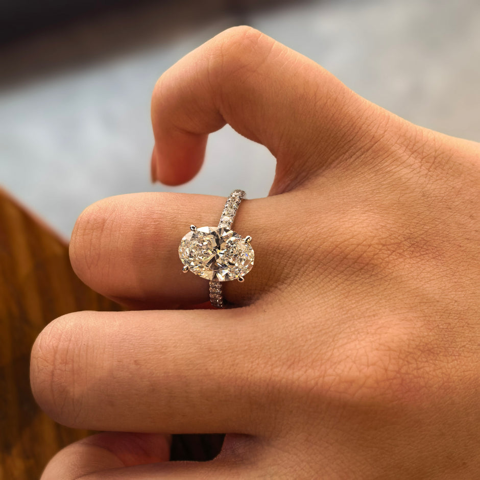 14k White Gold 3.02 Carat Oval Cut Lab-Grown Diamond E VVS2 Three-Stone Ring