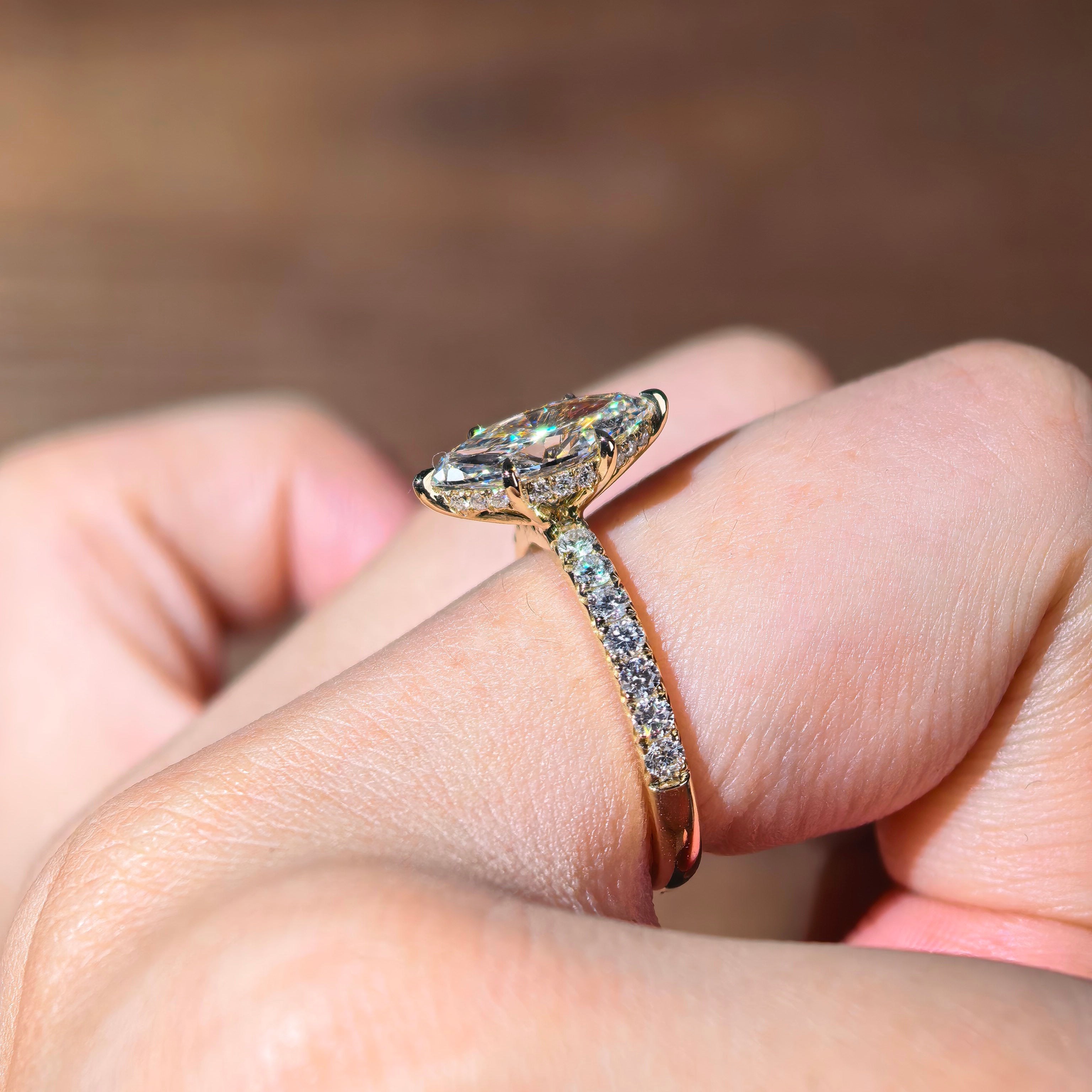me003 14K Yellow Gold 1.50 Carat Marquise Cut Lab-Grown Diamond E VVS2 Hidden Halo Ring