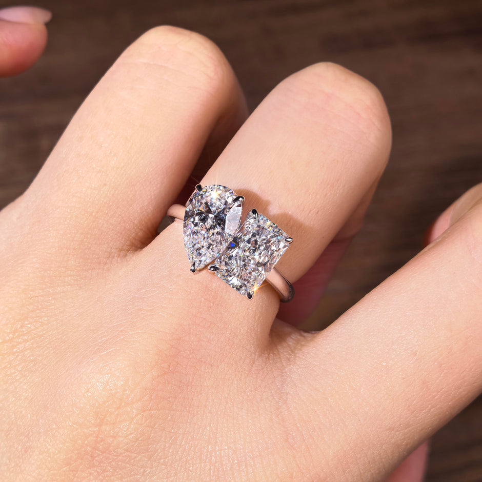 tw002 14K Yellow Gold 1.05 Carat Radiant + 1 Carat Pear Shape Lab-Grown Diamond E VVS2 Solitaire Ring
