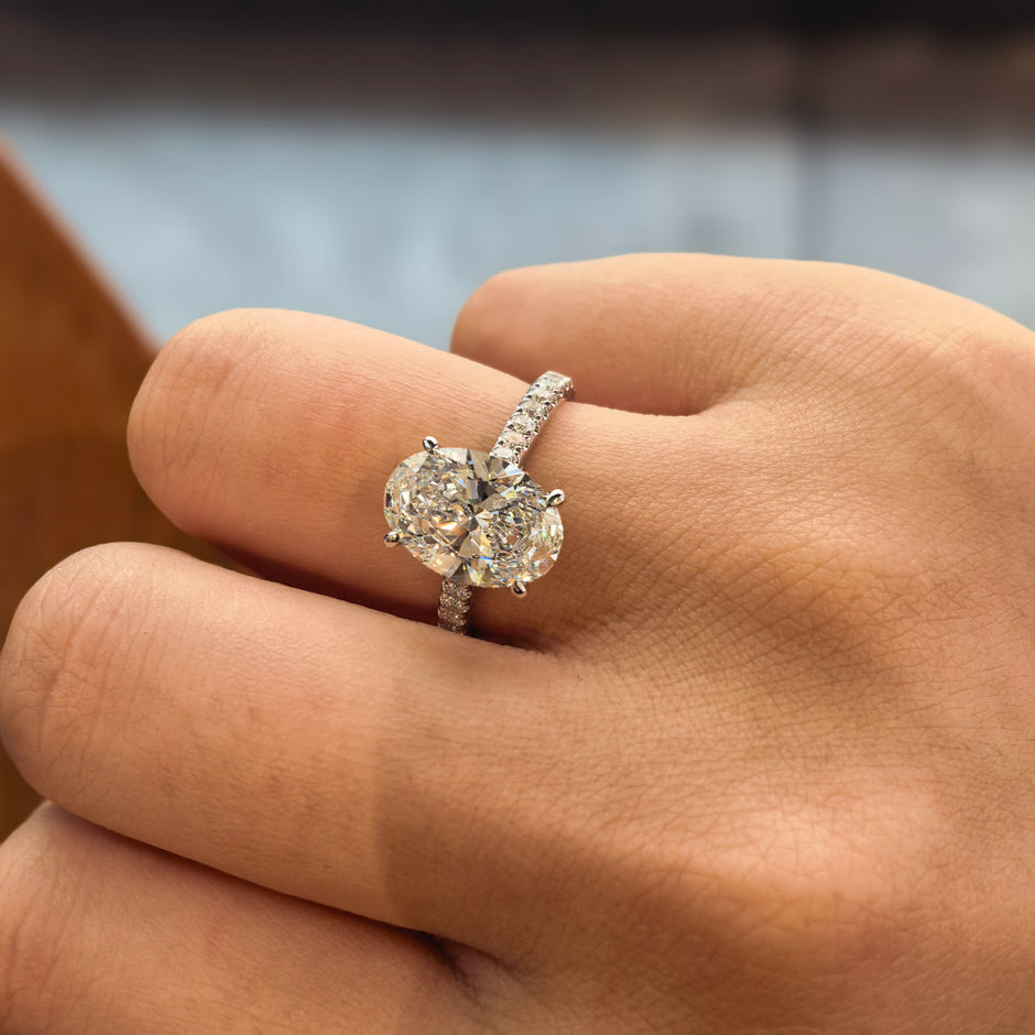 14k White Gold 3.02 Carat Oval Cut Lab-Grown Diamond E VVS2 Three-Stone Ring