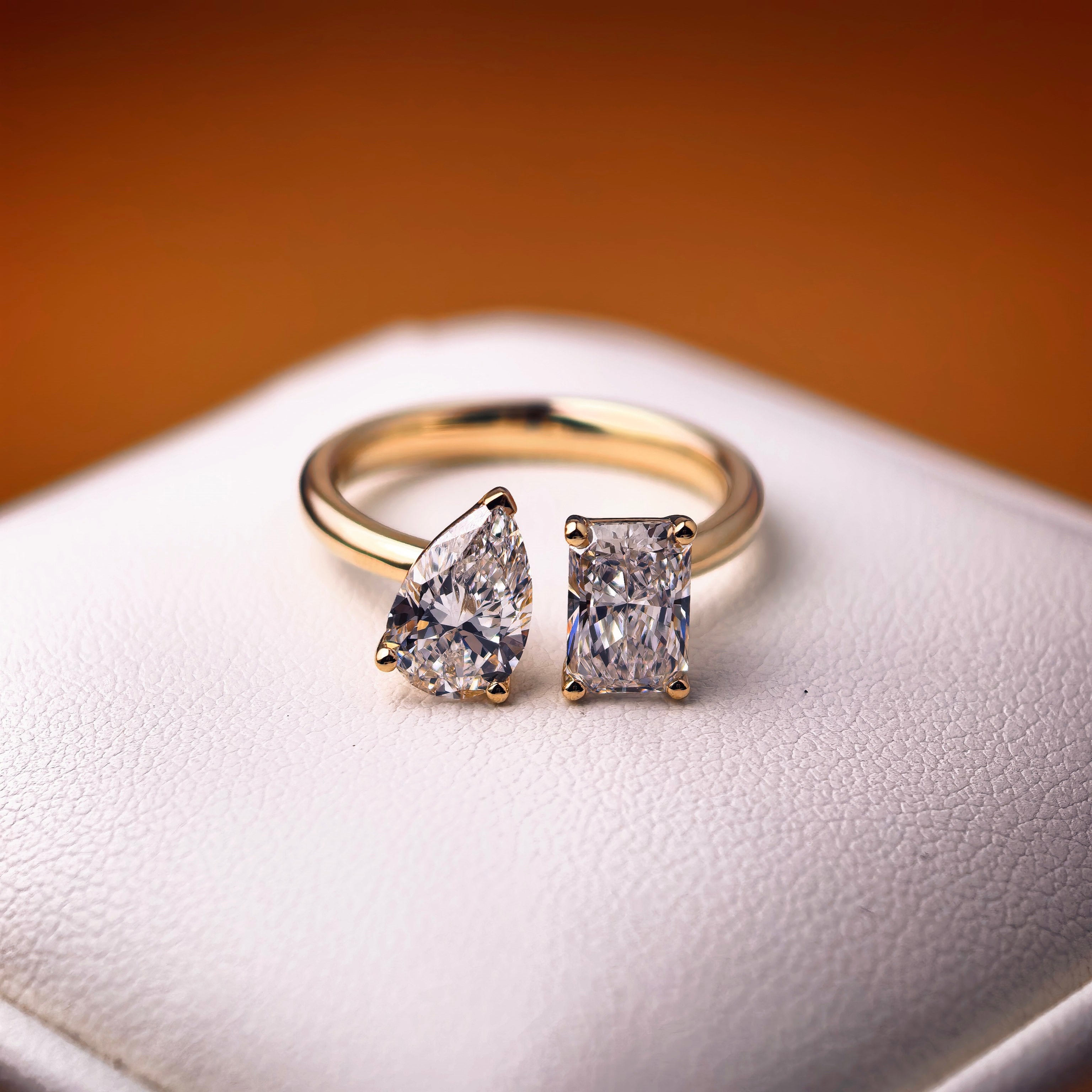 tw002 14K Yellow Gold 1.05 Carat Radiant + 1 Carat Pear Shape Lab-Grown Diamond E VVS2 Solitaire Ring