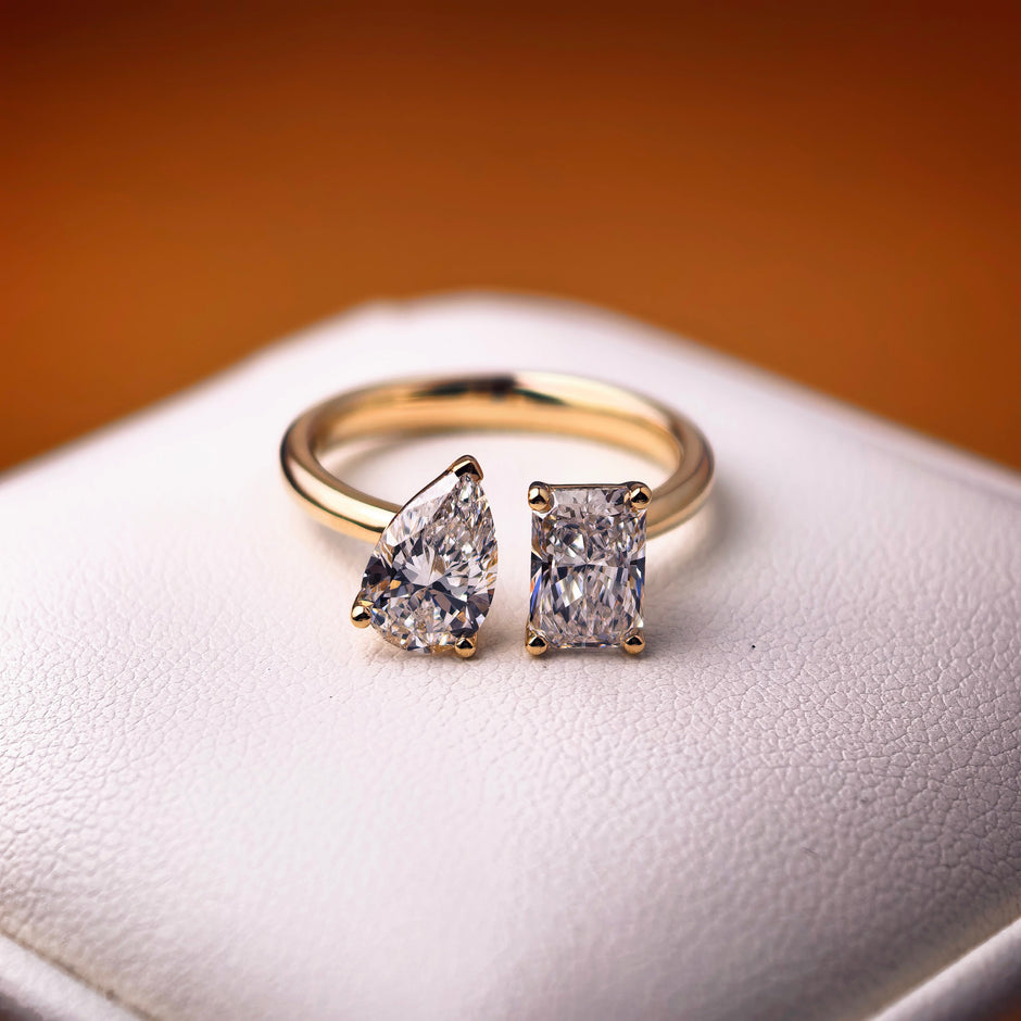 tw002 14K Yellow Gold 1.05 Carat Radiant + 1 Carat Pear Shape Lab-Grown Diamond E VVS2 Solitaire Ring