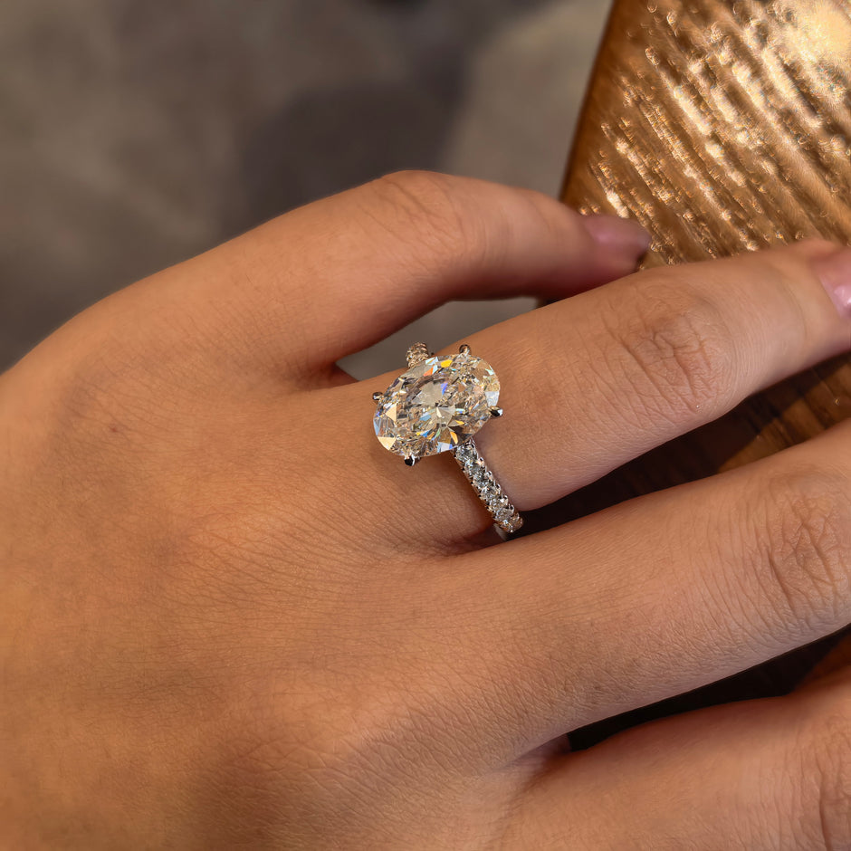 14k White Gold 3.02 Carat Oval Cut Lab-Grown Diamond E VVS2 Three-Stone Ring