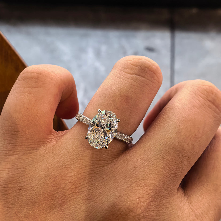 14k White Gold 3.02 Carat Oval Cut Lab-Grown Diamond E VVS2 Three-Stone Ring