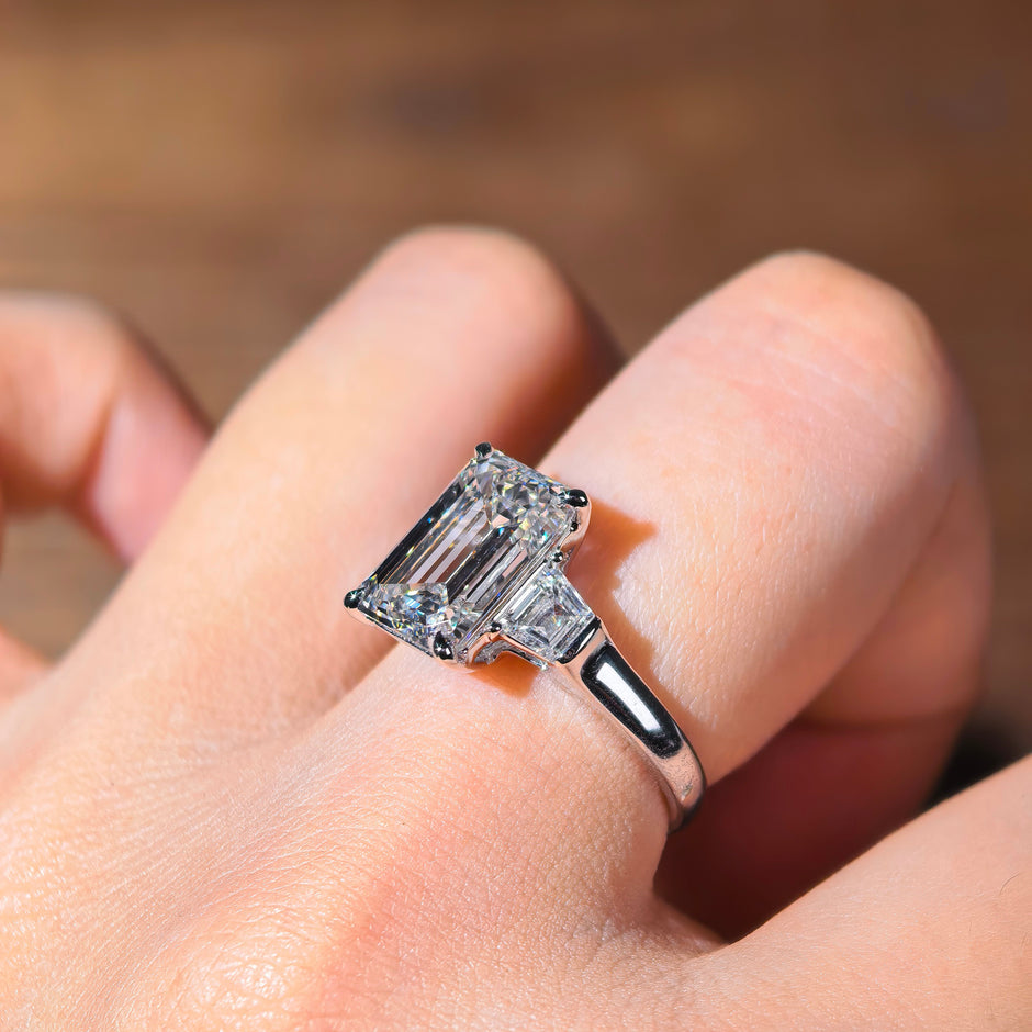 ed003 14K White Gold 4.08 Carat Emerald Cut Lab-Grown Diamond E VVS2 Three-Stone Ring
