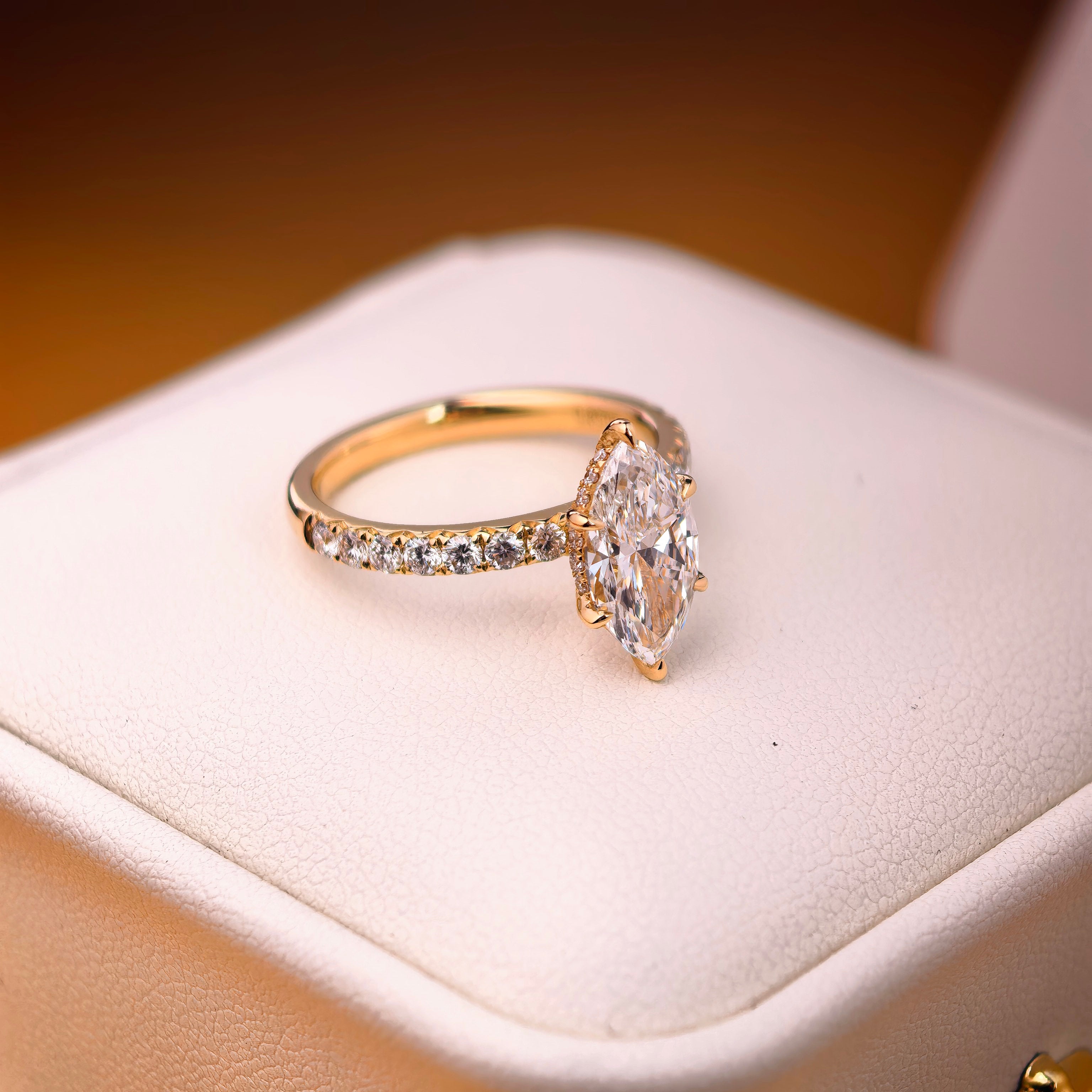 me003 14K Yellow Gold 1.50 Carat Marquise Cut Lab-Grown Diamond E VVS2 Hidden Halo Ring