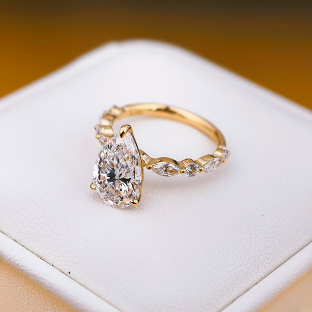 pr005 14K Yellow Gold 3.01 Carat Pear Shape Lab-Grown Diamond E VVS2 Ring with Pear and Round Diamond Side Stones ring