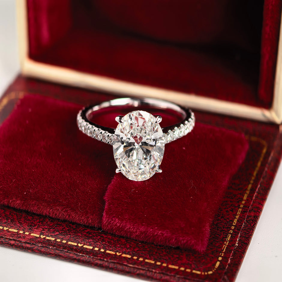 14k White Gold 3.02 Carat Oval Cut Lab-Grown Diamond E VVS2 Three-Stone Ring