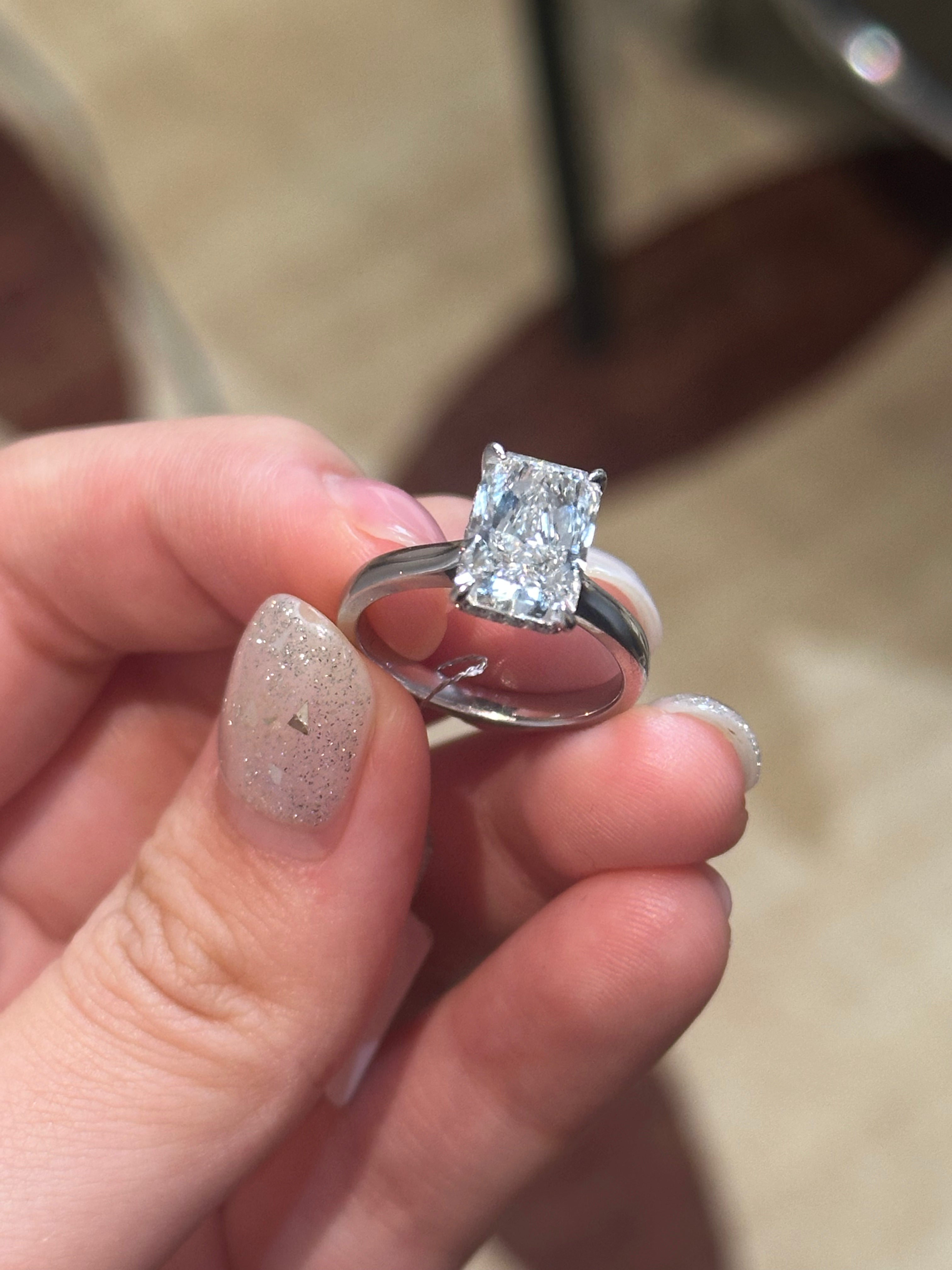 deposit private link for Chelsea Renee Celeri,4ct E color VVS2 emerald cut diamond with yellow gold band, hidden halo, size 7.5