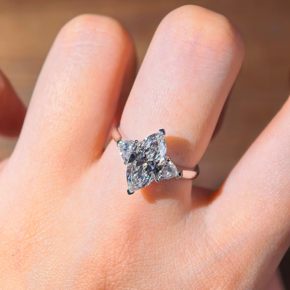 me002 14K White Gold 2.01 Carat Marquise Cut Lab-Grown Diamond E VVS2 Three-Stone Ring