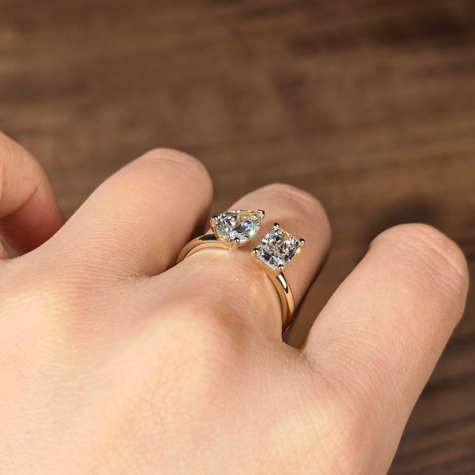 tw002 14K Yellow Gold 1.05 Carat Radiant + 1 Carat Pear Shape Lab-Grown Diamond E VVS2 Solitaire Ring