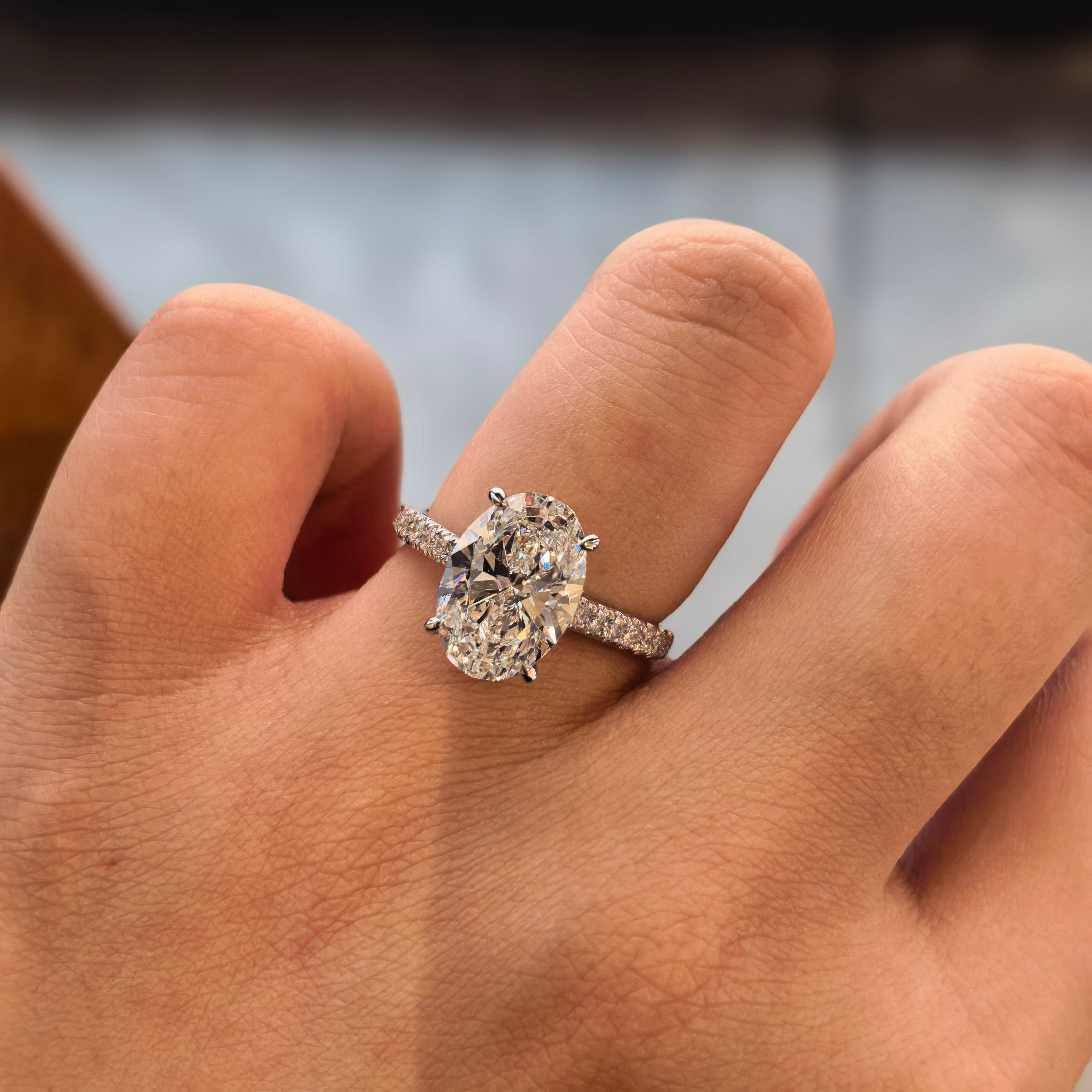 14k White Gold 3.02 Carat Oval Cut Lab-Grown Diamond E VVS2 Three-Stone Ring