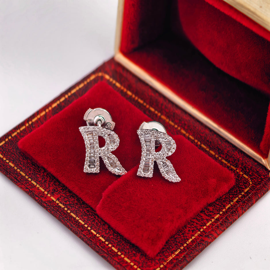 14K White Gold Lab-Grown Diamond Initial R Stud Earrings