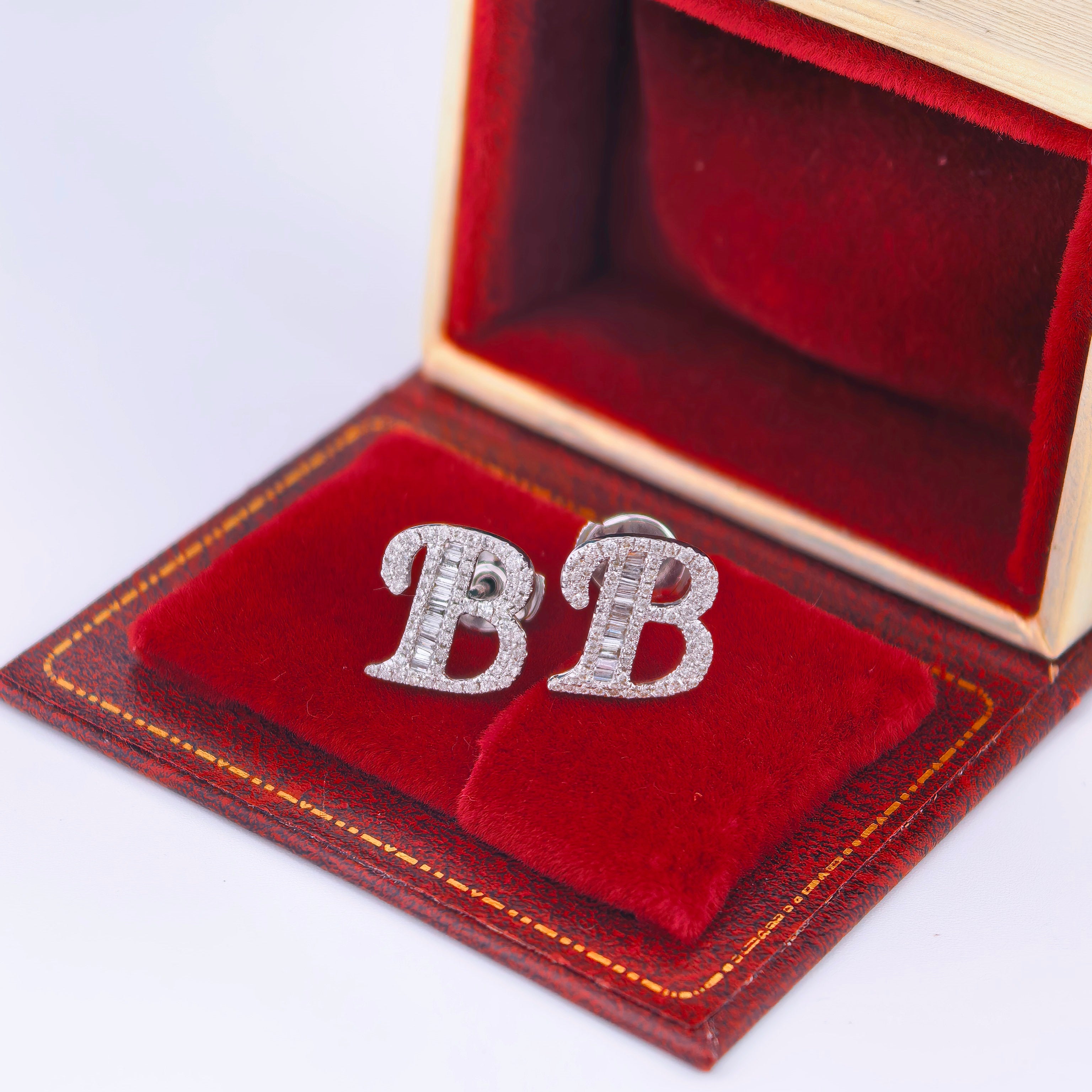 14K White Gold Lab-Grown Diamond Initial B Stud Earrings