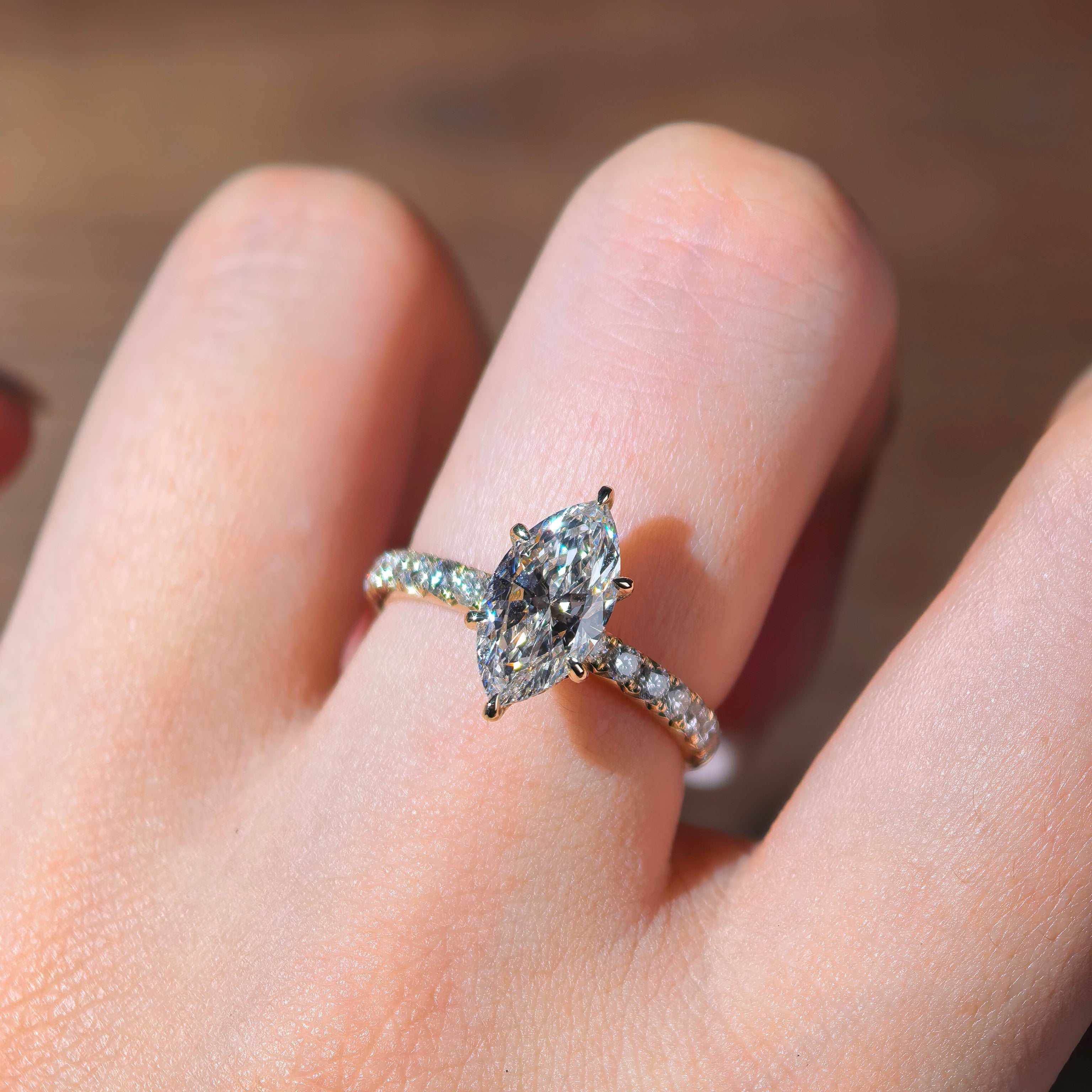 me003 14K Yellow Gold 1.50 Carat Marquise Cut Lab-Grown Diamond E VVS2 Hidden Halo Ring