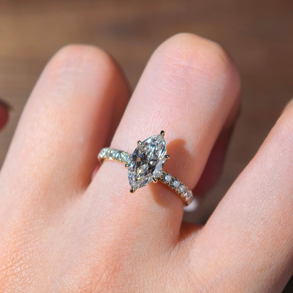 me003 14K Yellow Gold 1.50 Carat Marquise Cut Lab-Grown Diamond E VVS2 Hidden Halo Ring