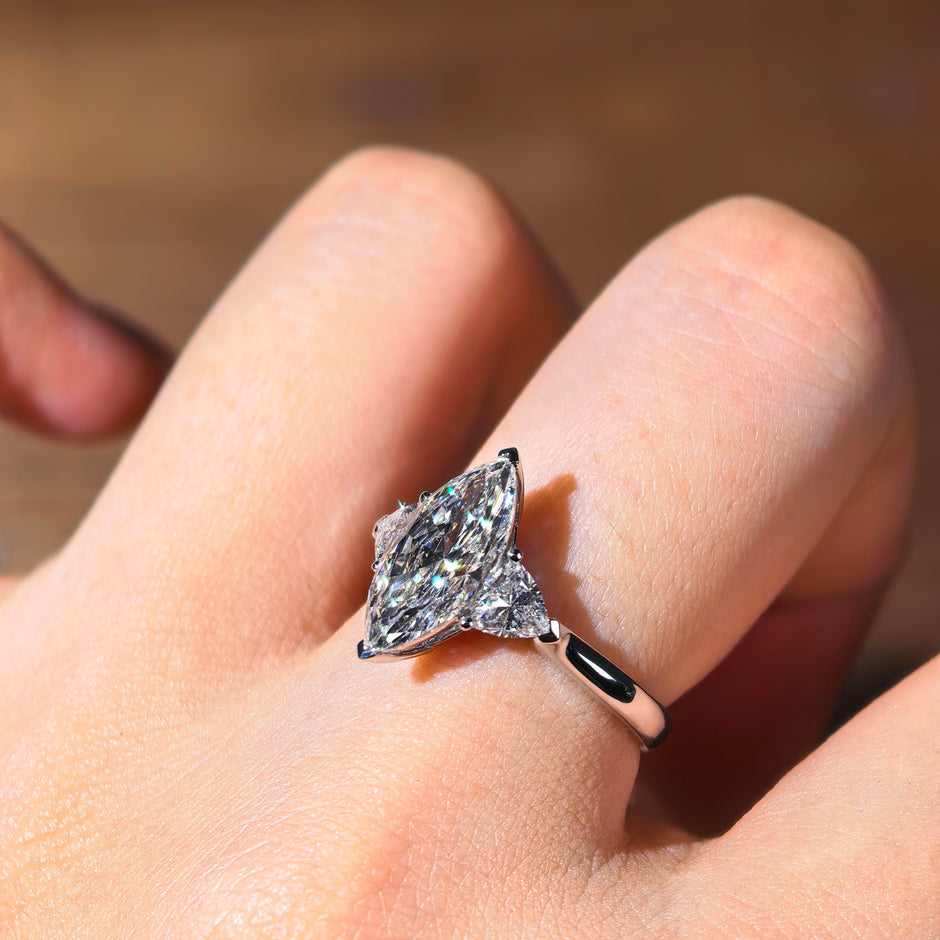 me002 14K White Gold 2.01 Carat Marquise Cut Lab-Grown Diamond E VVS2 Three-Stone Ring