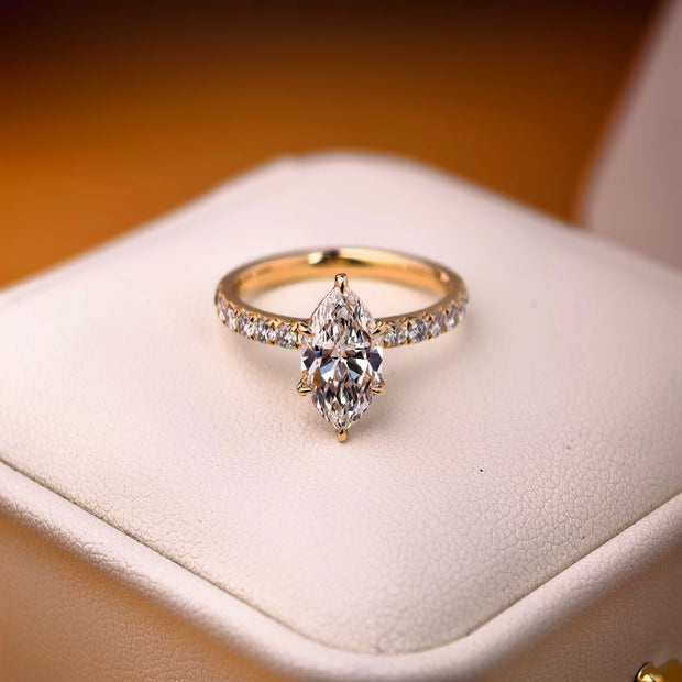 me003 14K Yellow Gold 1.50 Carat Marquise Cut Lab-Grown Diamond E VVS2 Hidden Halo Ring