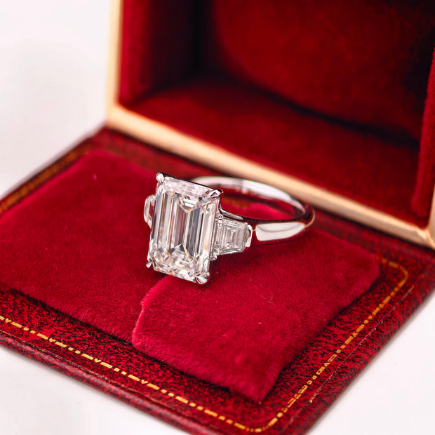 ed003 14K White Gold 4.08 Carat Emerald Cut Lab-Grown Diamond E VVS2 Three-Stone Ring