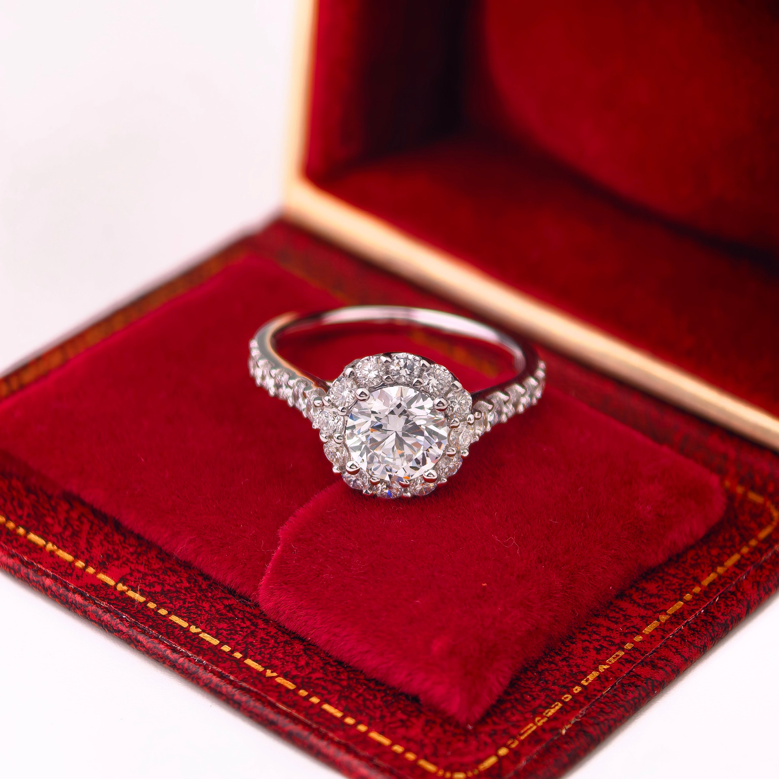 rd003 14K White Gold 1.00 Carat Round Brilliant Cut Lab-Grown Diamond E VVS2 Ring with Diamond Halo
