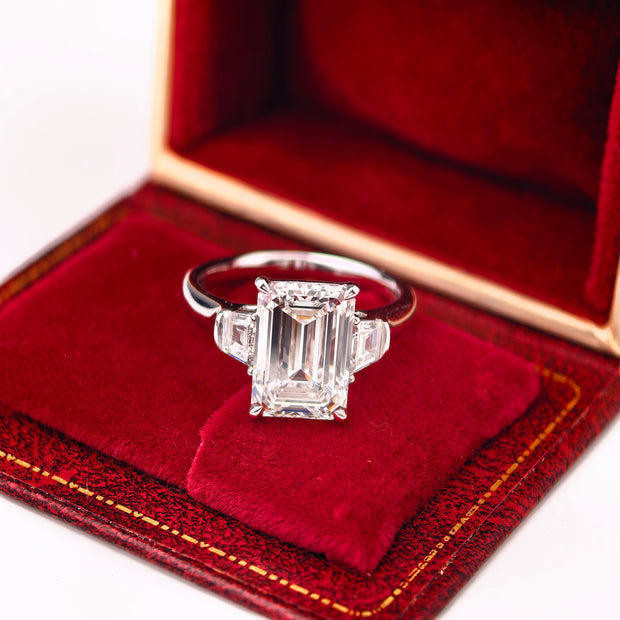 ed003 14K White Gold 4.08 Carat Emerald Cut Lab-Grown Diamond E VVS2 Three-Stone Ring