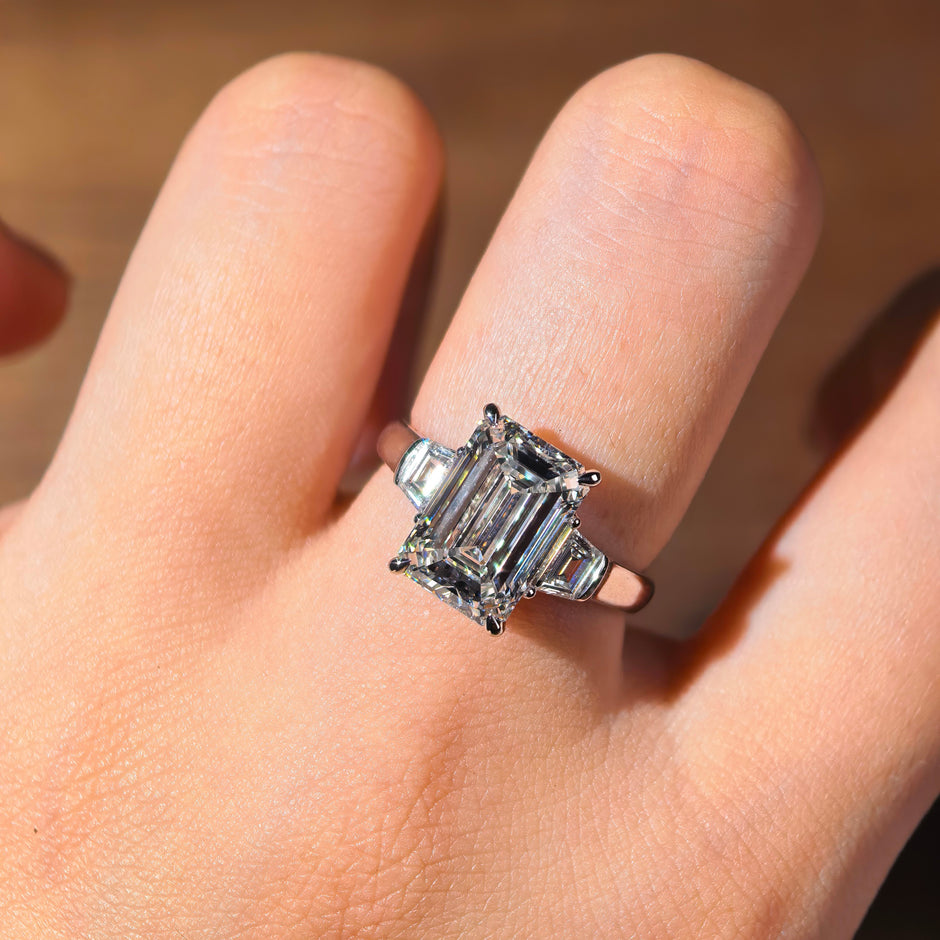 ed003 14K White Gold 4.08 Carat Emerald Cut Lab-Grown Diamond E VVS2 Three-Stone Ring