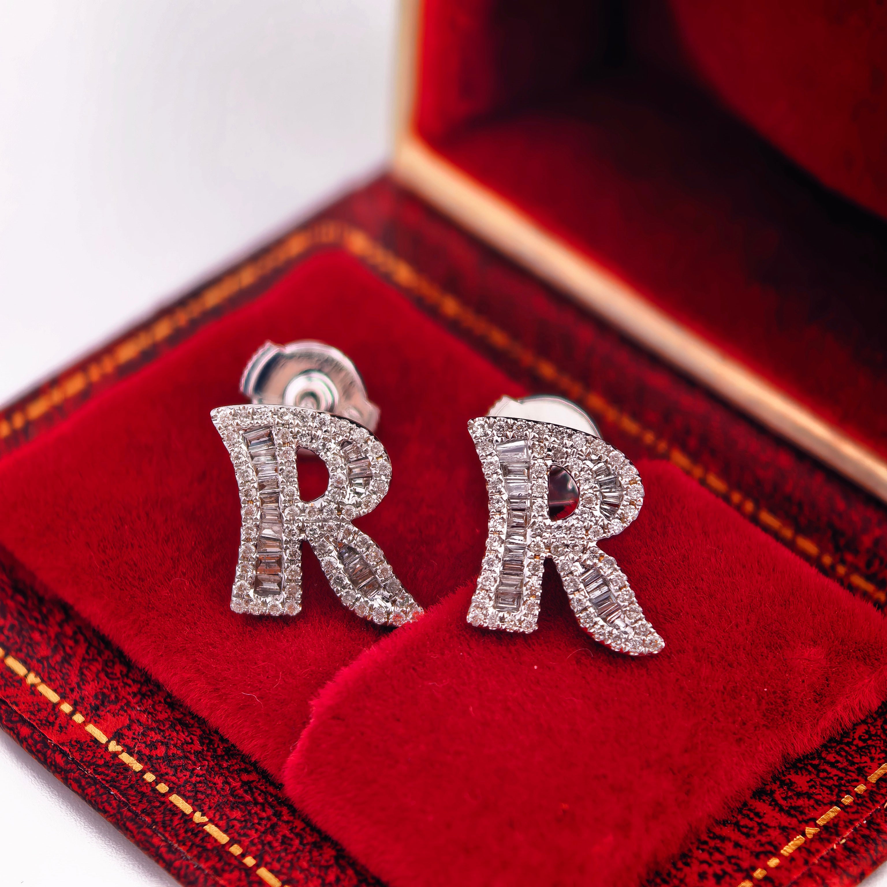 14K White Gold Lab-Grown Diamond Initial R Stud Earrings