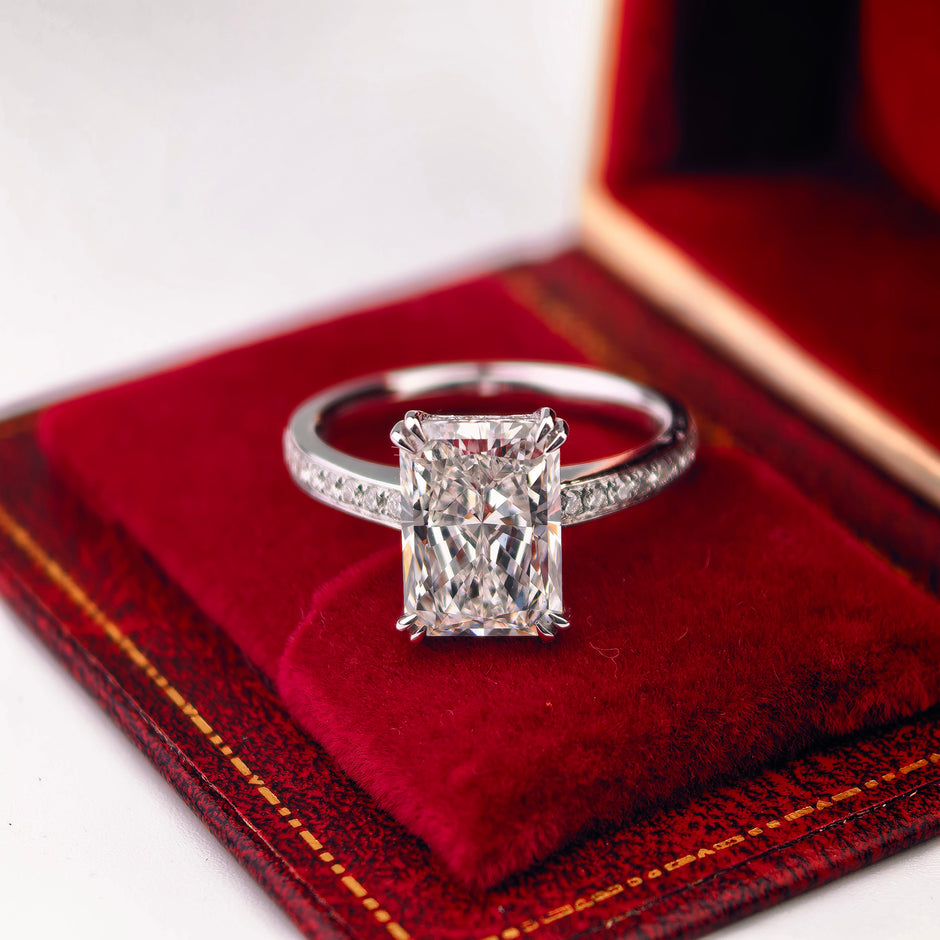 rt001 14K White Gold 3.02 Carat Radiant Cut Lab-Grown Diamond E VVS2 Hidden Halo Ring