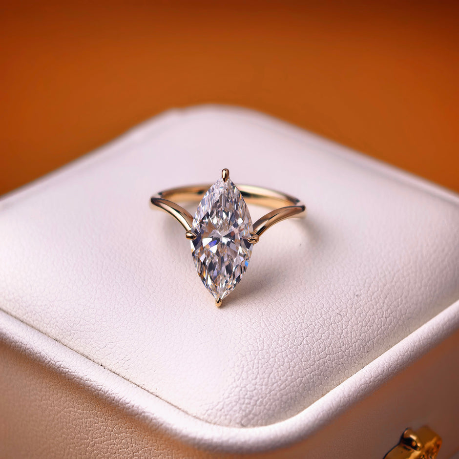 me005 14K Yellow Gold 3.05 Carat Marquise Cut Lab-Grown Diamond E VVS2 Solitaire Ring