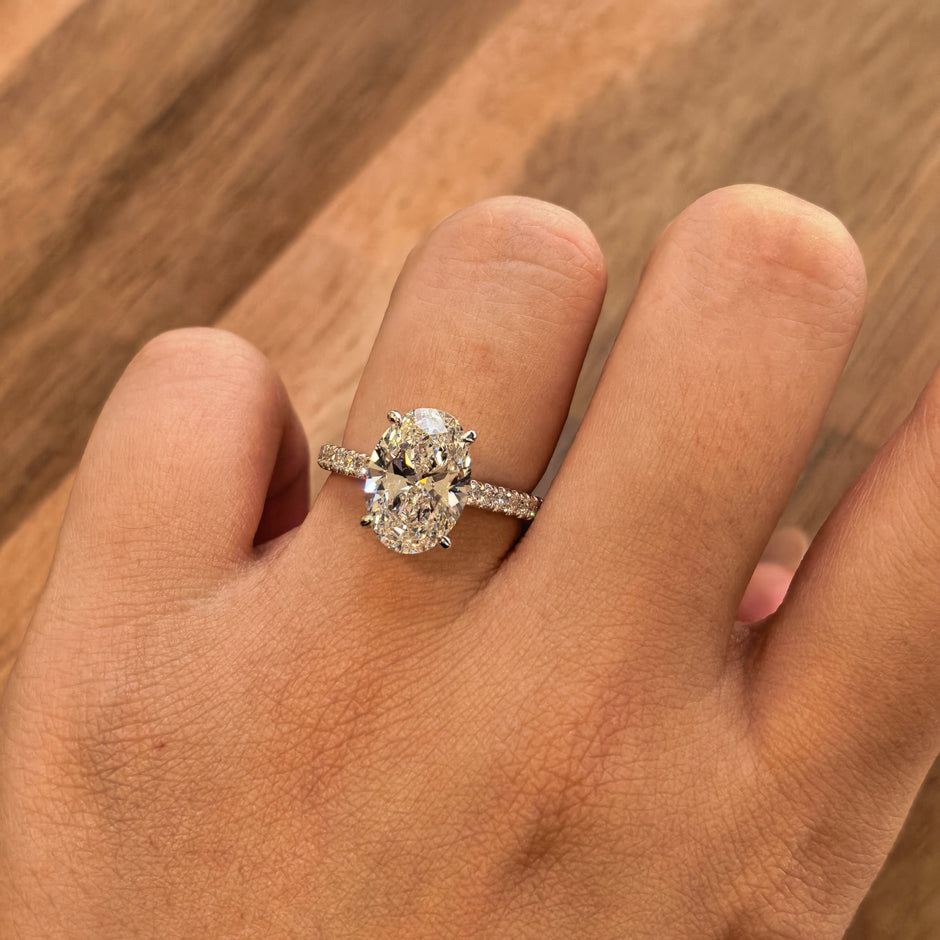14k White Gold 3.02 Carat Oval Cut Lab-Grown Diamond E VVS2 Three-Stone Ring