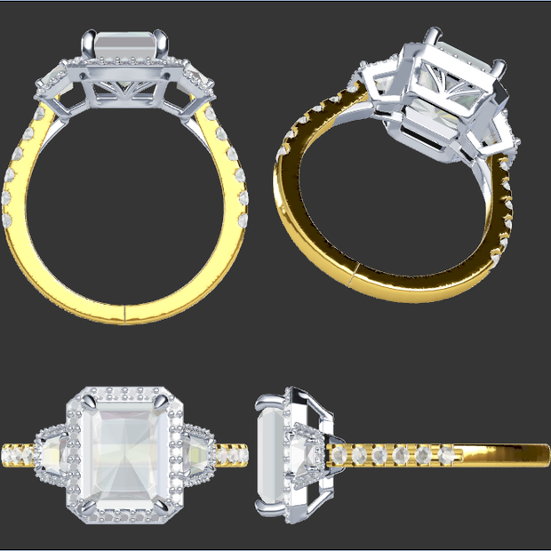 (half deposit)private link for Saba Sabina 18k yellow gold 4ct radiant lab-grown diamond ring, E color VVS2 clarity, IGI certificate included, 2.1mm band, size 7.5 accented by two 0.5ct trapezoid side stones(E color VVS2 clarity)